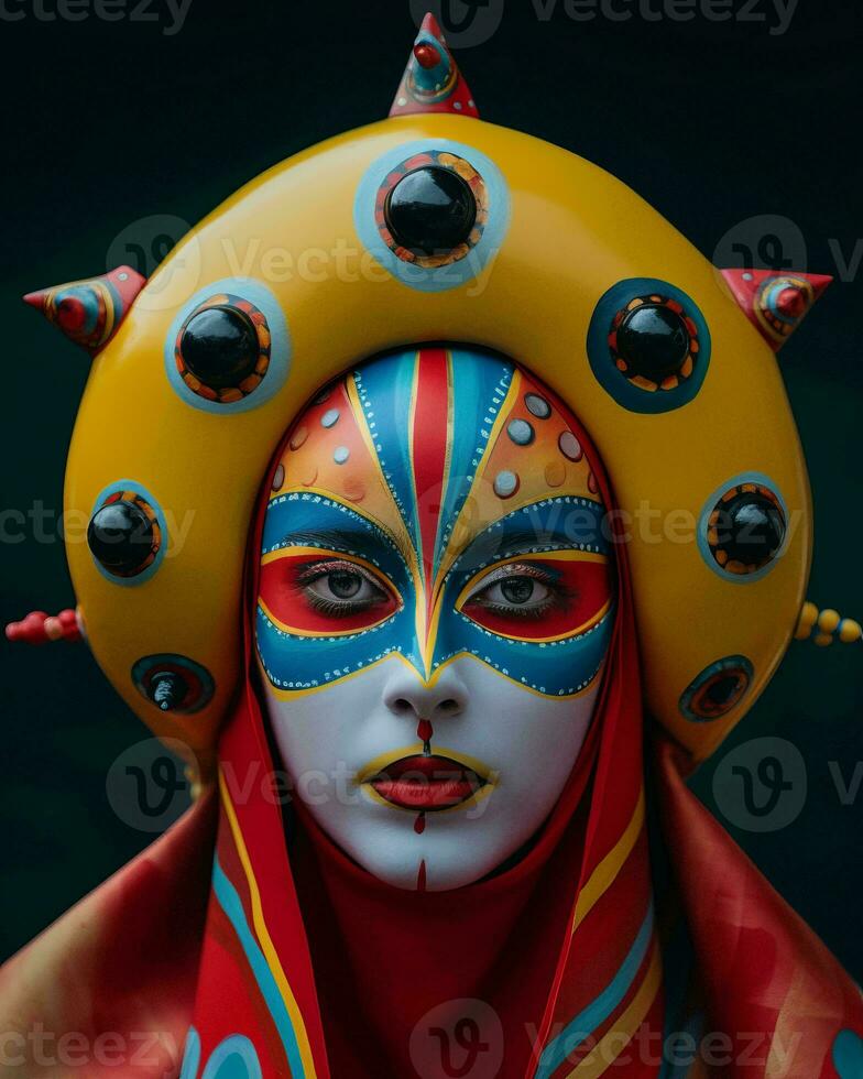 a woman with colorful face paint and a headpiece generative ai photo
