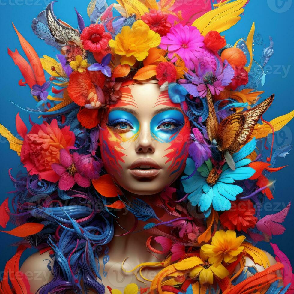 a woman with colorful hair and flowers on her head generative ai photo