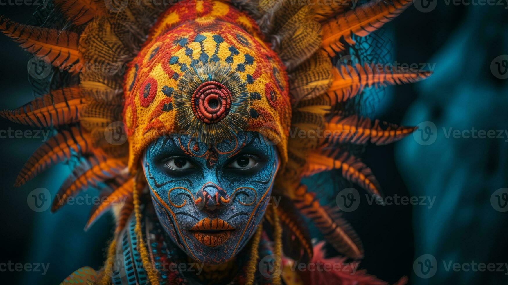 a woman with colorful makeup and feathers on her head generative ai photo