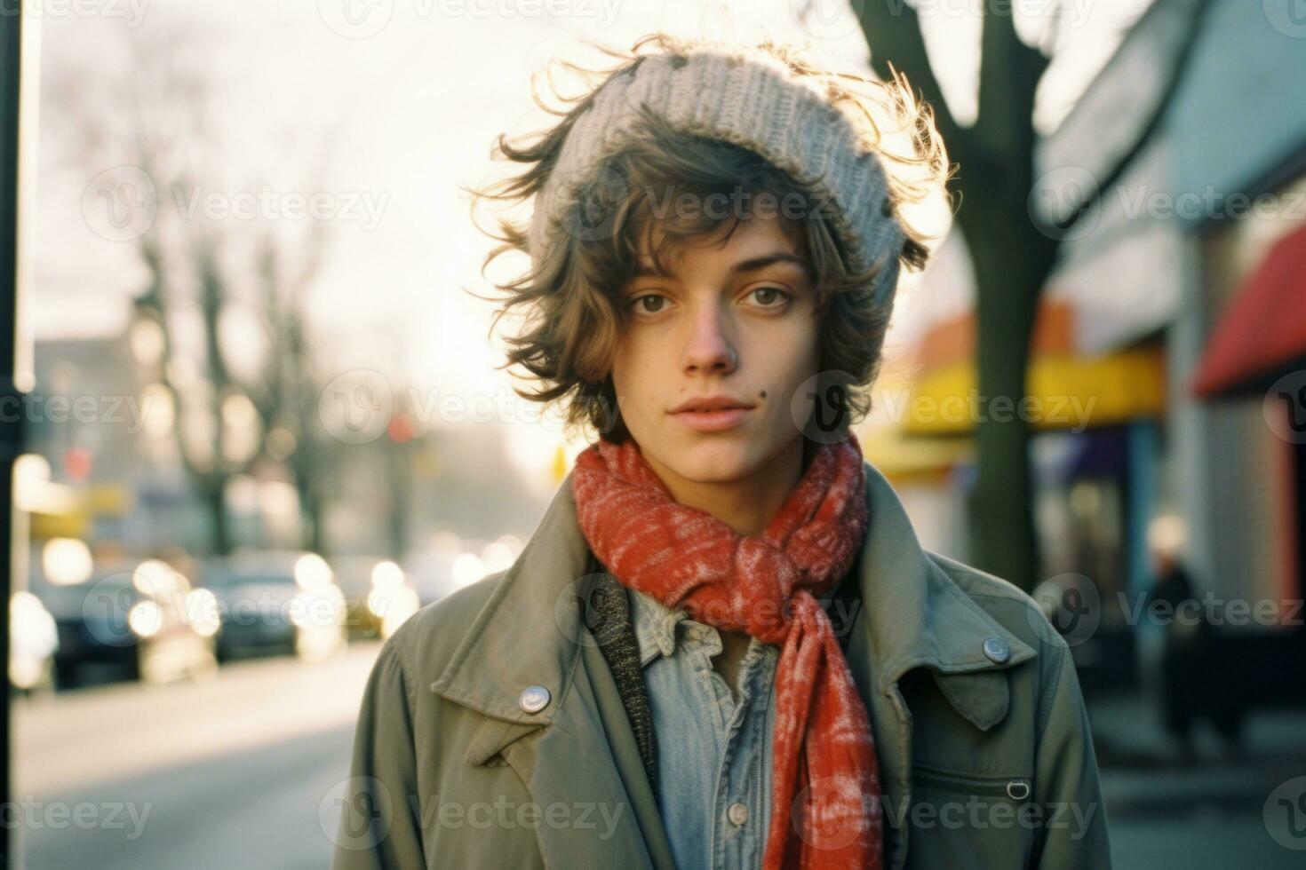 a woman with curly hair and a scarf is standing on a street generative ai photo