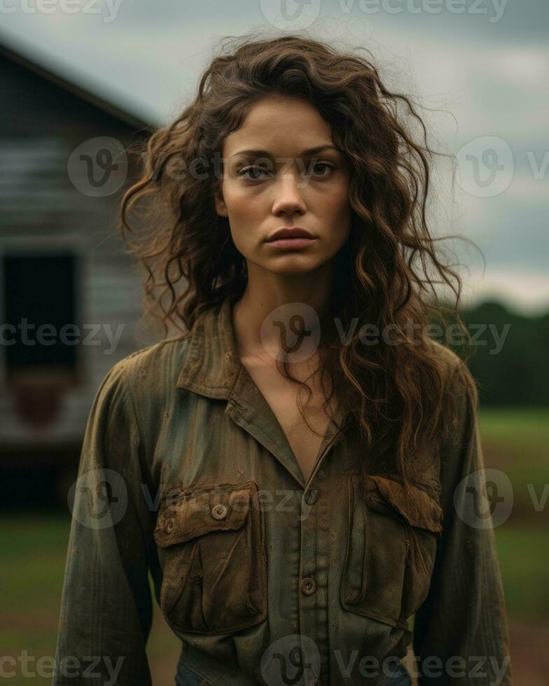 a woman with curly hair standing in front of a barn generative ai photo