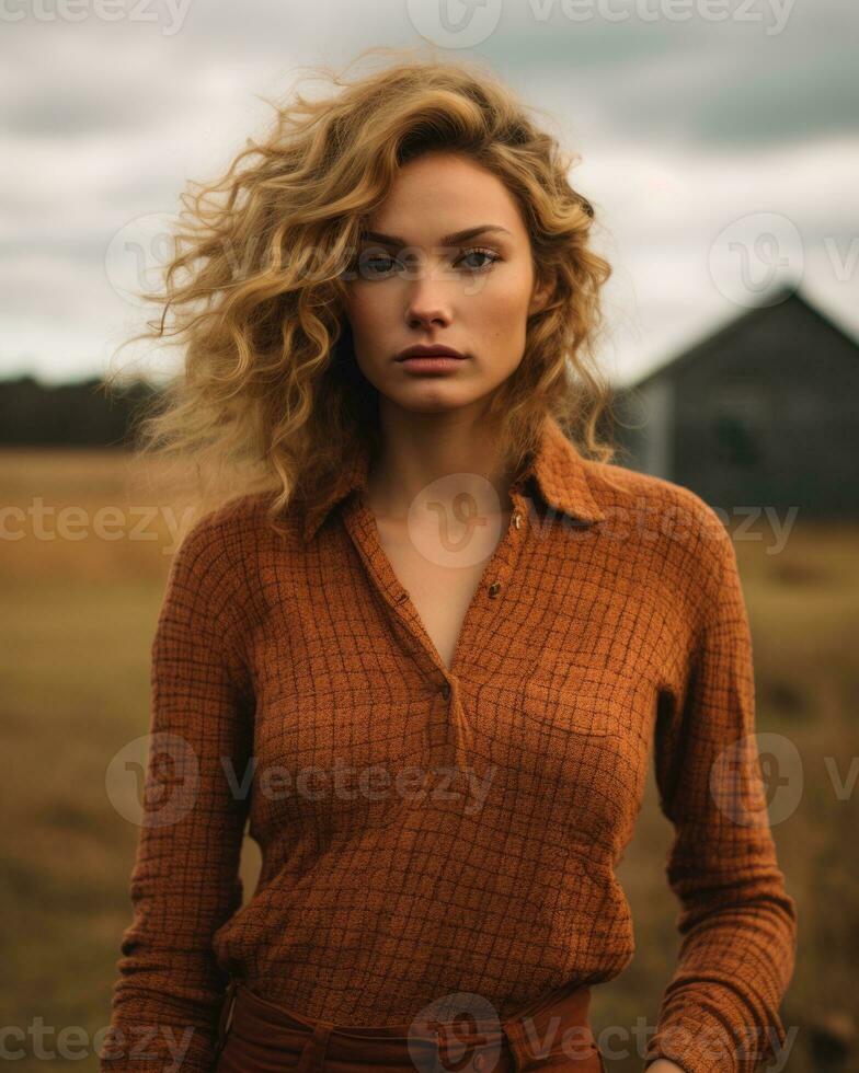 a woman with curly hair standing in front of a barn generative ai photo