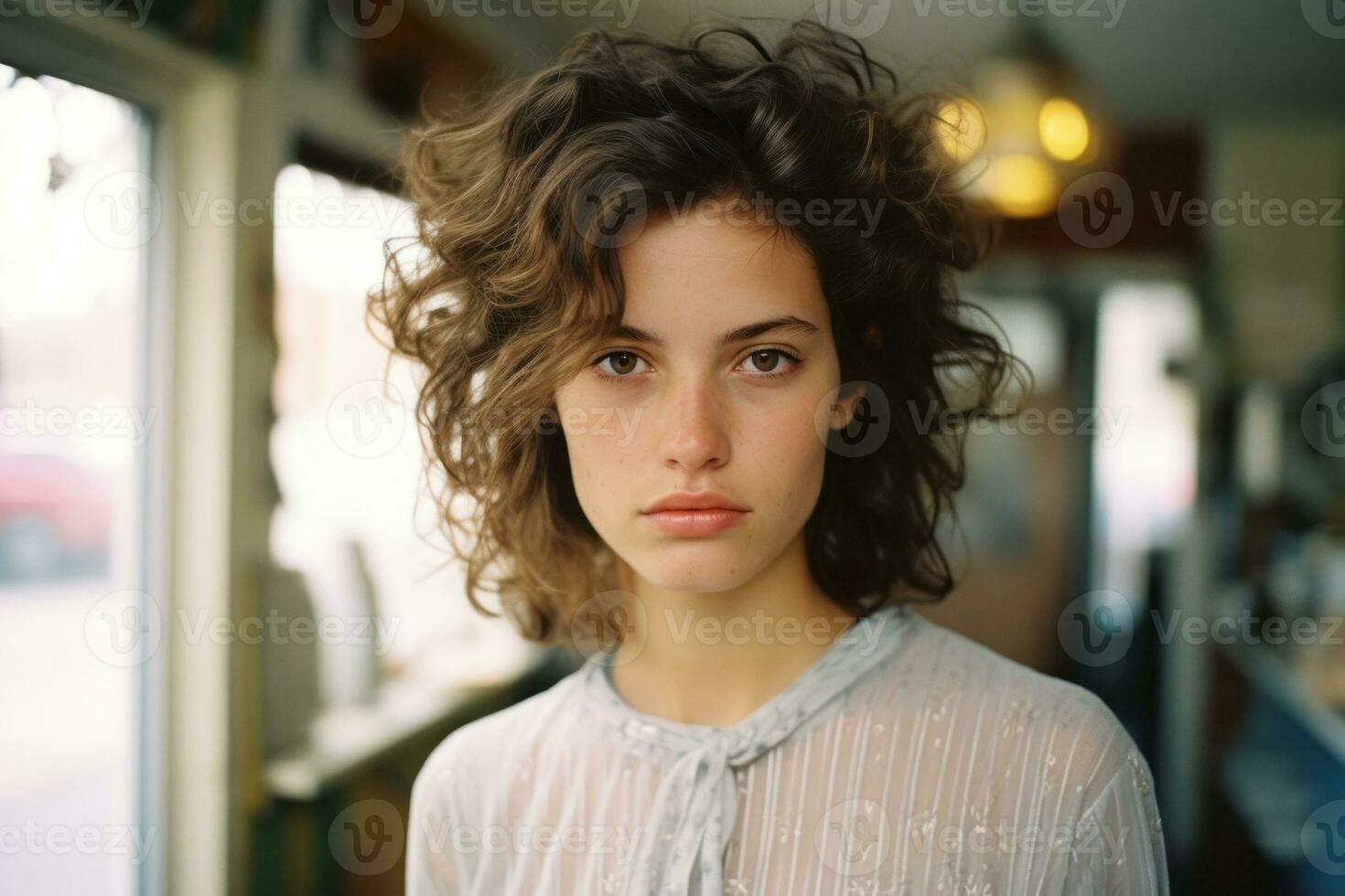 a woman with curly hair standing in front of a window generative ai photo