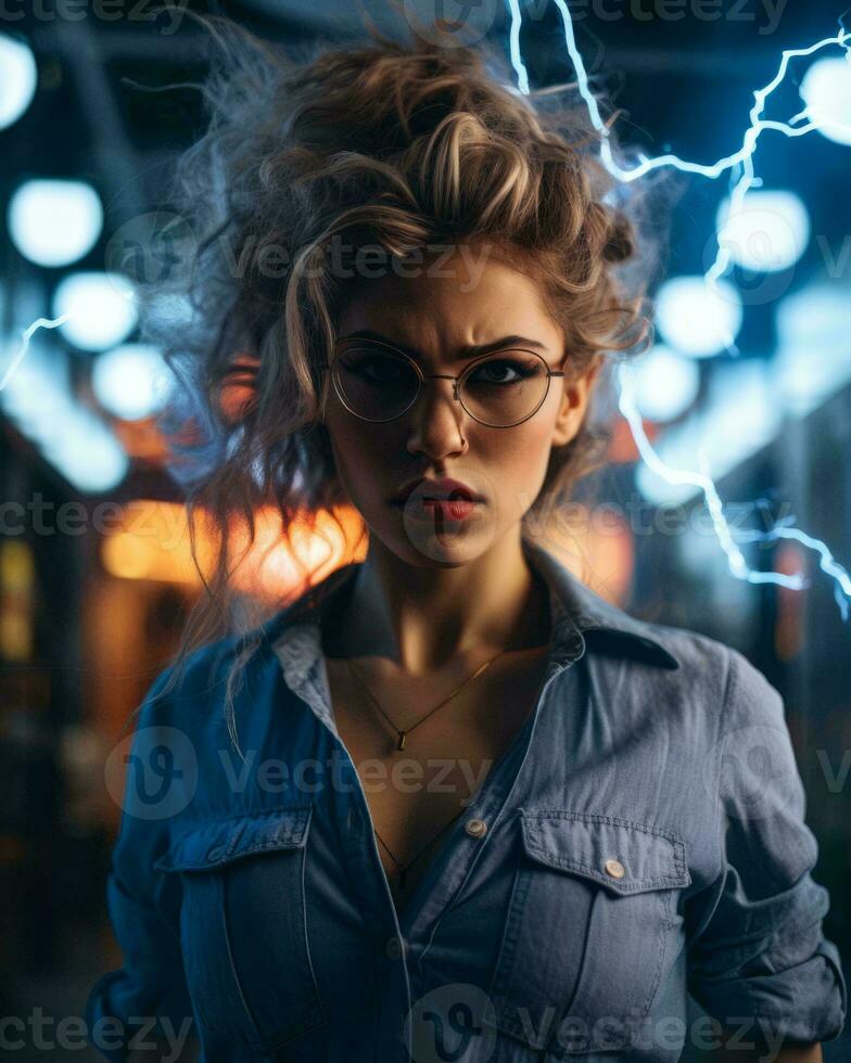 a woman with glasses and a blue shirt is standing in front of a lightning bolt generative ai photo