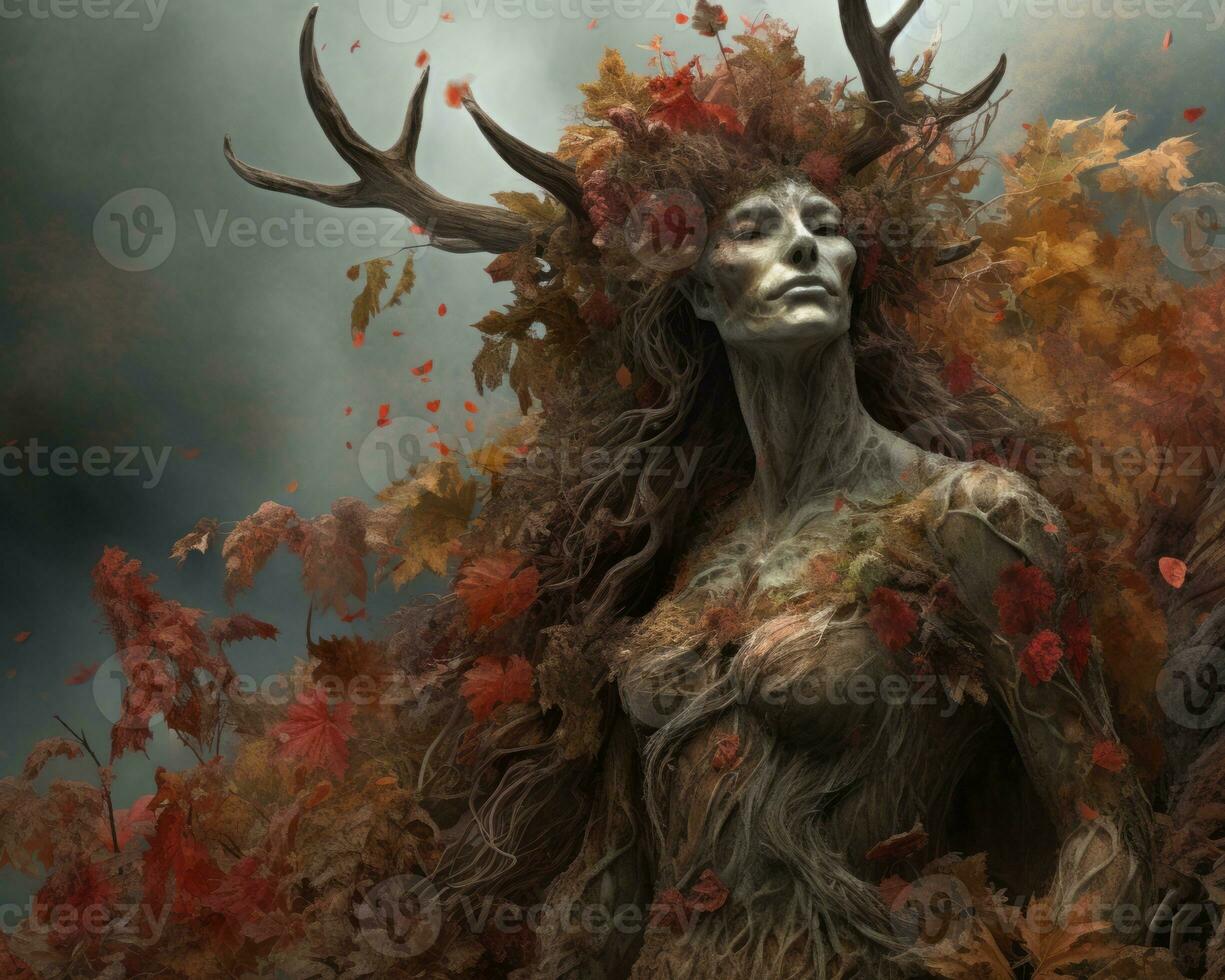 a woman with deer antlers and leaves on her head generative ai photo