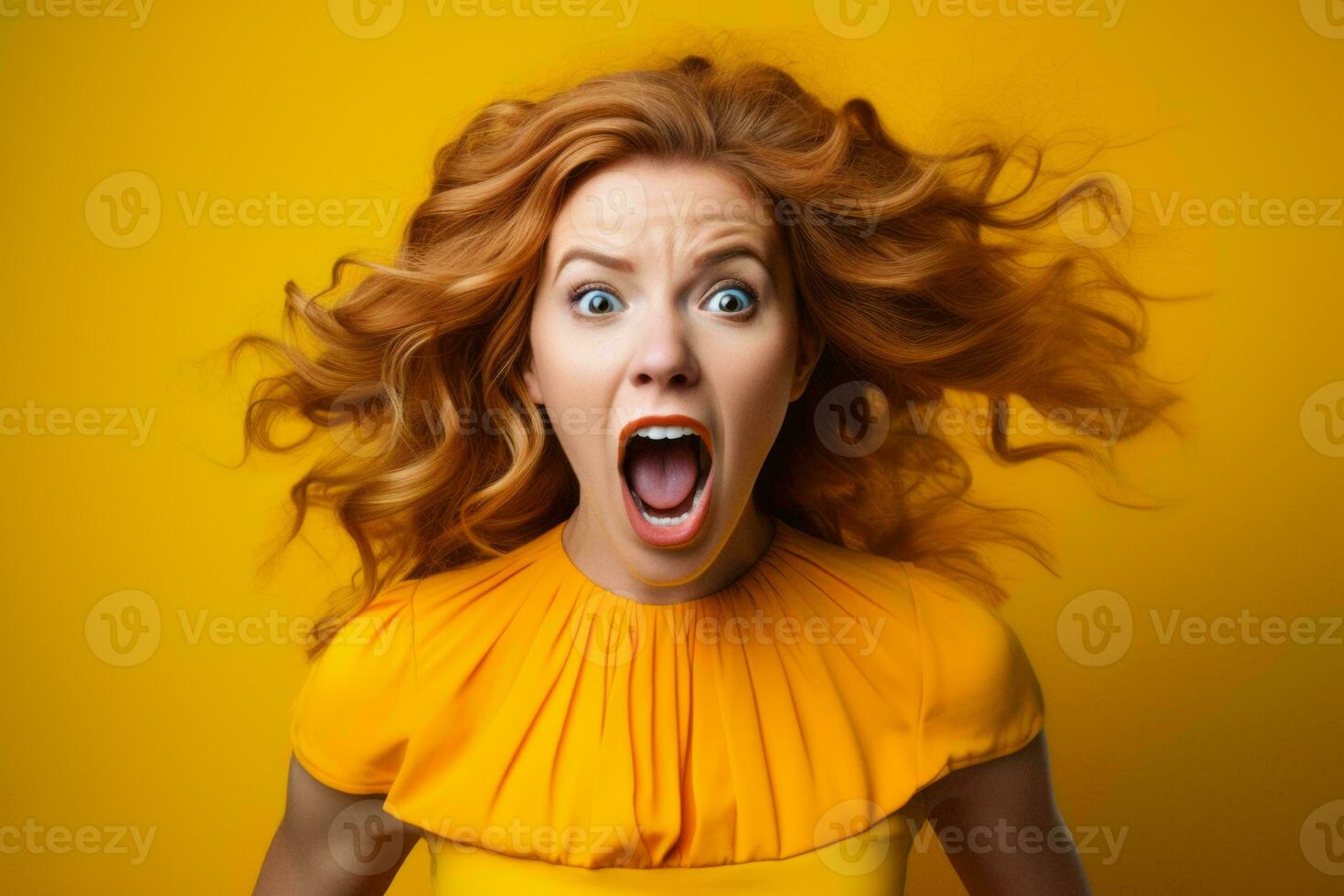 a woman with her mouth wide open on a yellow background generative ai photo