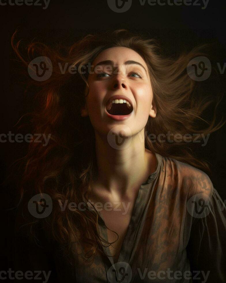 a woman with her mouth open and her hair blowing in the wind generative ai photo