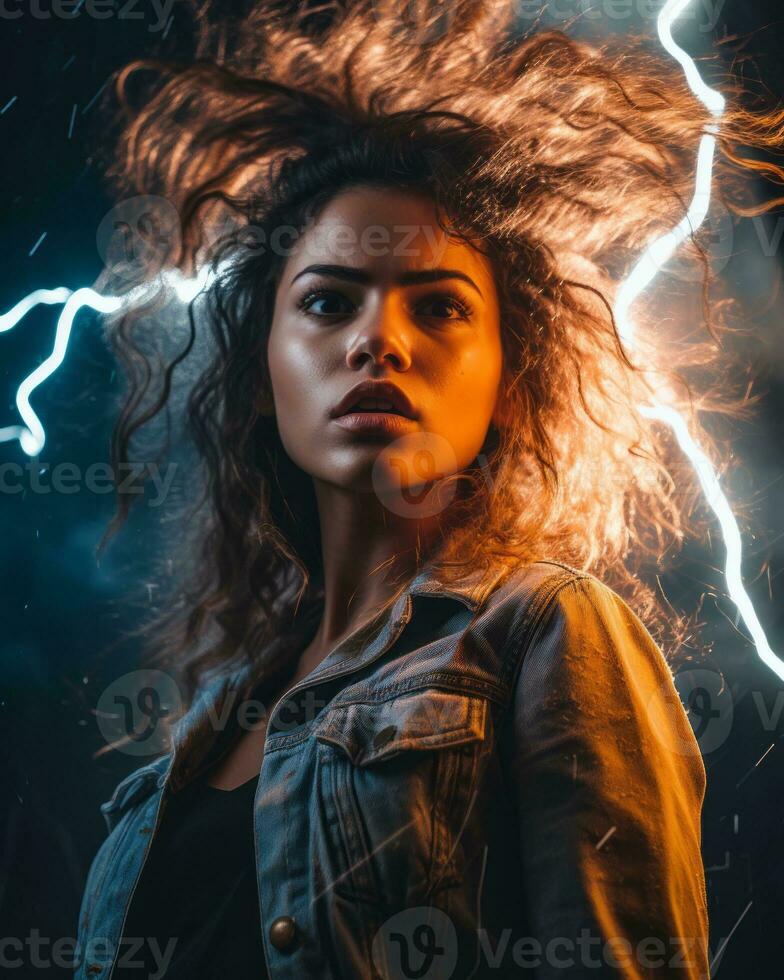 a woman with lightning in her hair standing in front of a dark background generative ai photo