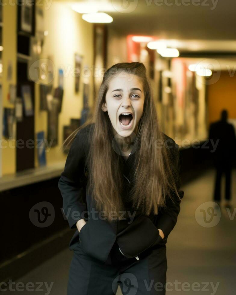 a woman with long brown hair standing in a hallway generative ai photo