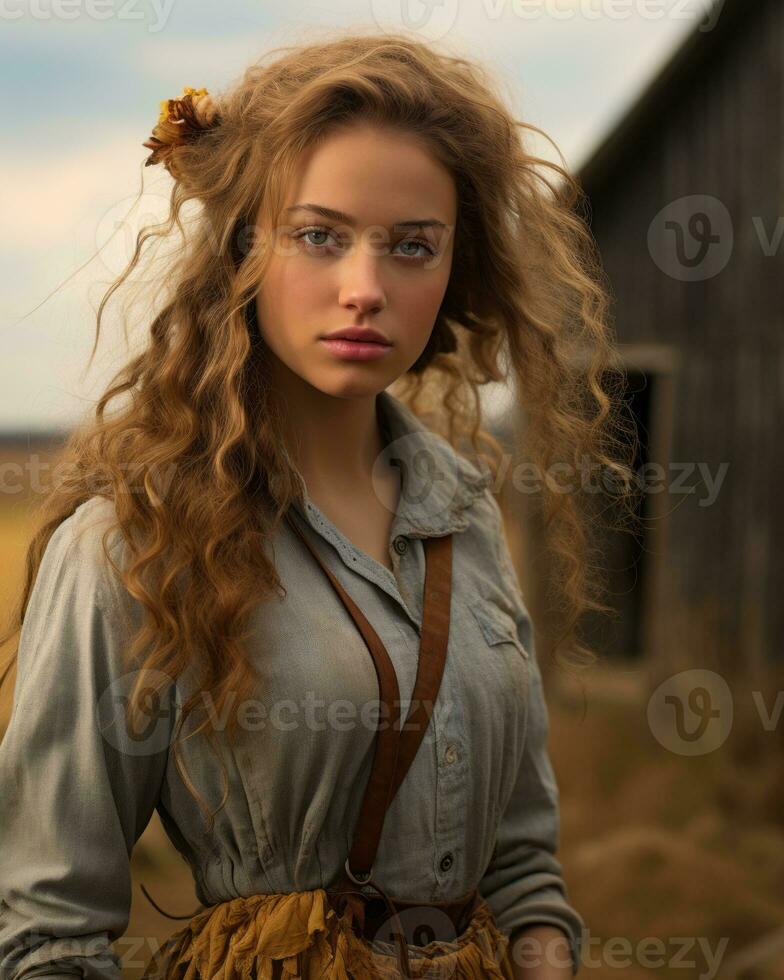 a woman with long curly hair standing in front of a barn generative ai photo