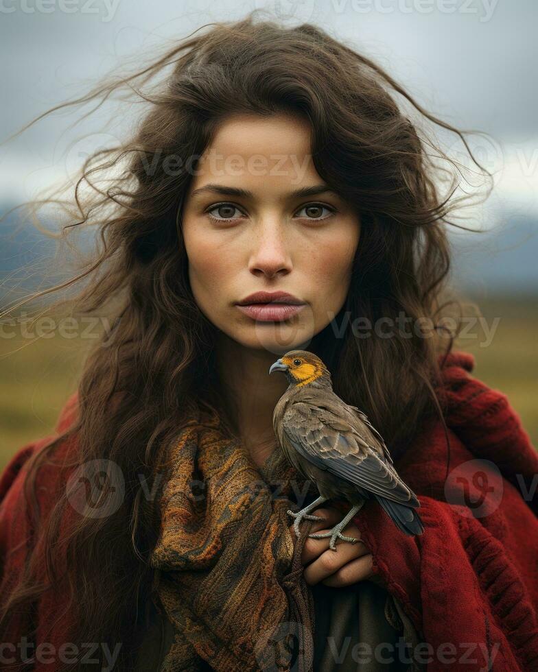 a woman with long hair and a bird on her shoulder generative ai photo