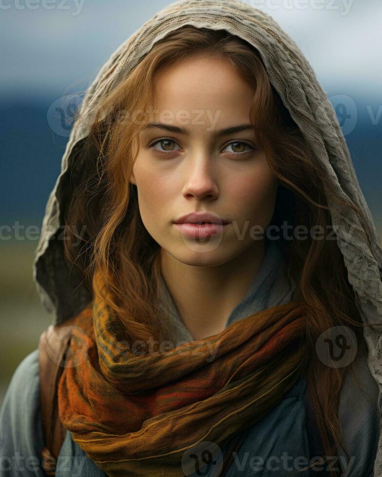a woman with long hair and a scarf on her head generative ai photo
