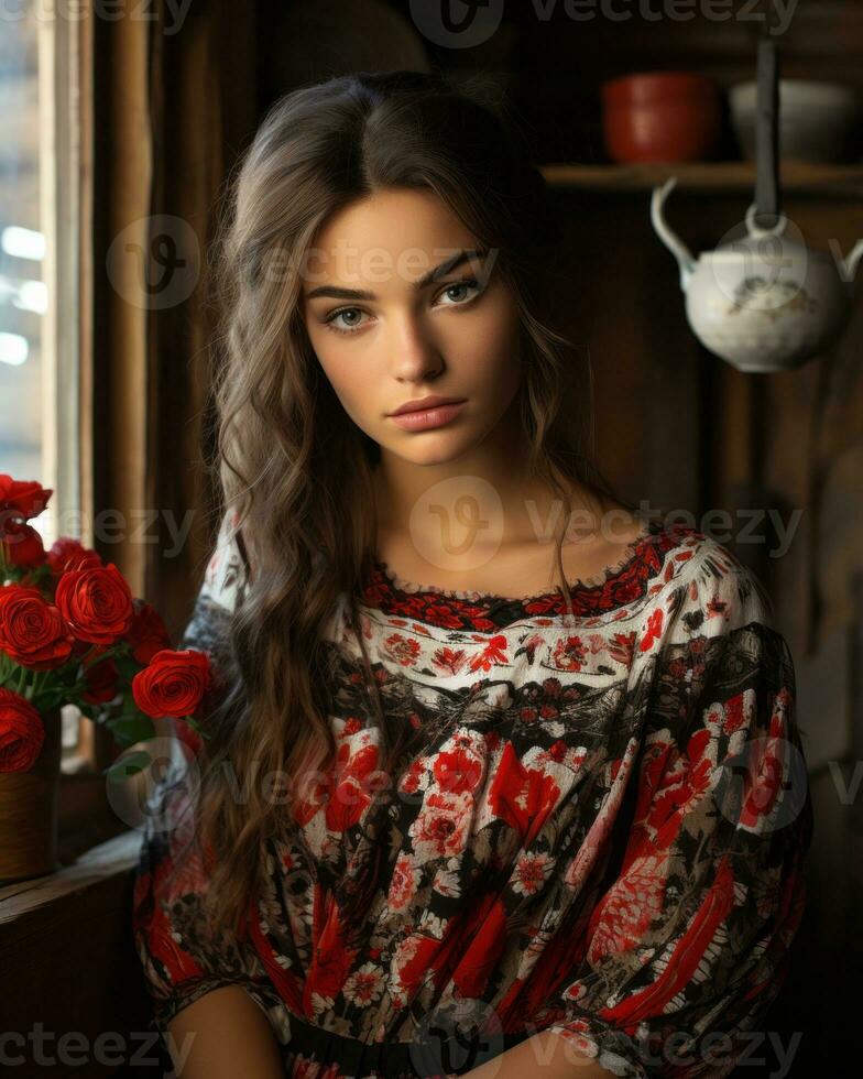 a woman with long hair sitting in front of a window generative ai photo