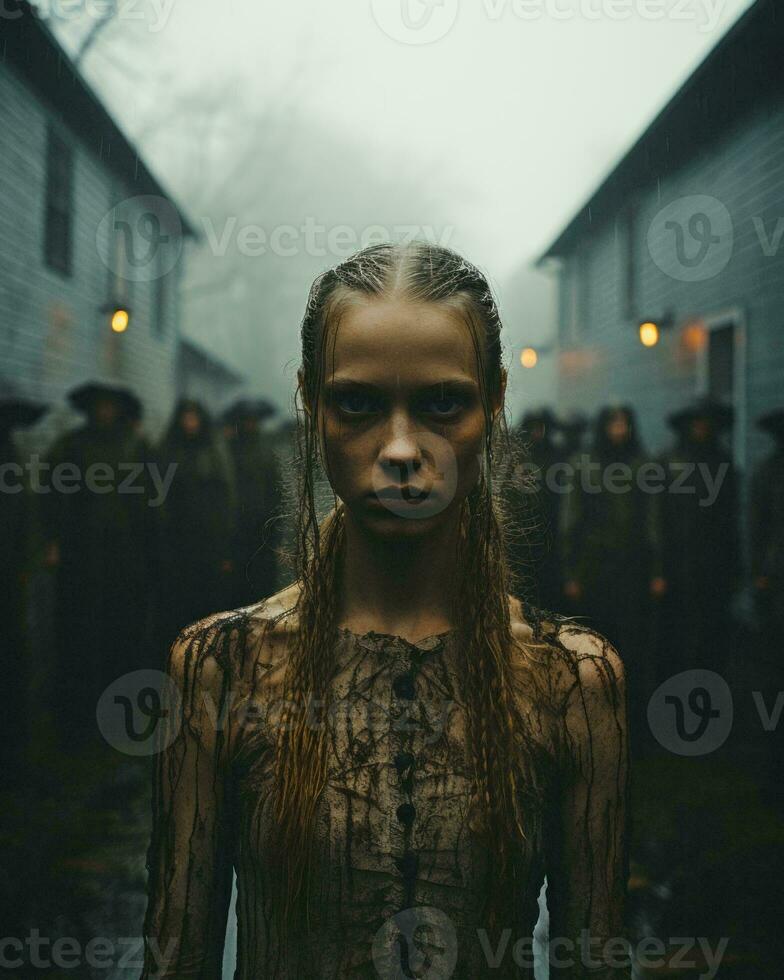 a woman with long hair standing in front of a group of people generative ai photo