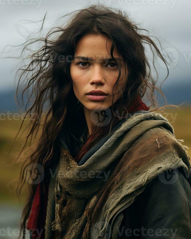 a woman with long hair standing in the middle of a field generative ai photo