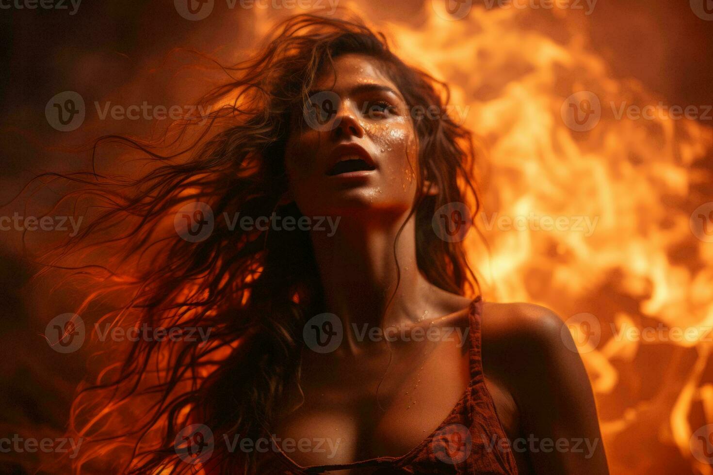 a woman with long hair standing in front of a fire generative ai photo