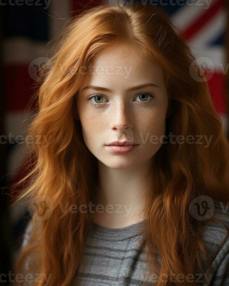 a woman with long red hair and a british flag in the background generative ai photo