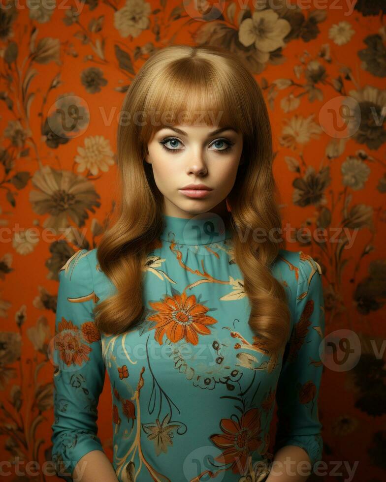 a woman with long red hair and blue eyes is posing in front of a floral wallpaper generative ai photo
