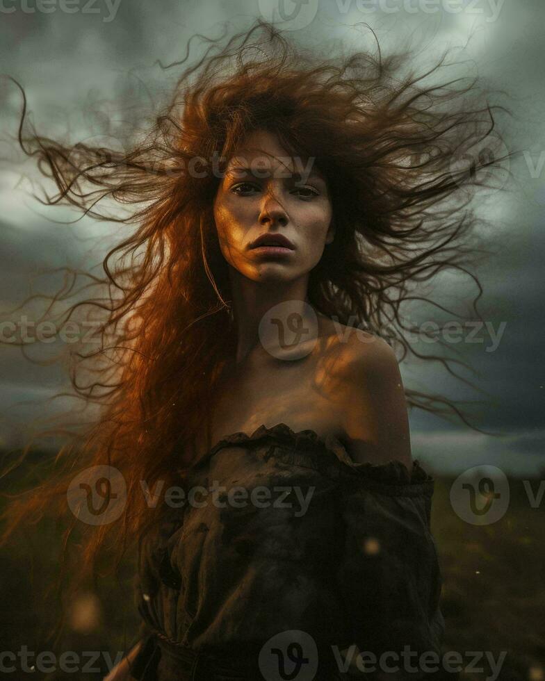 a woman with long red hair in the wind generative ai photo