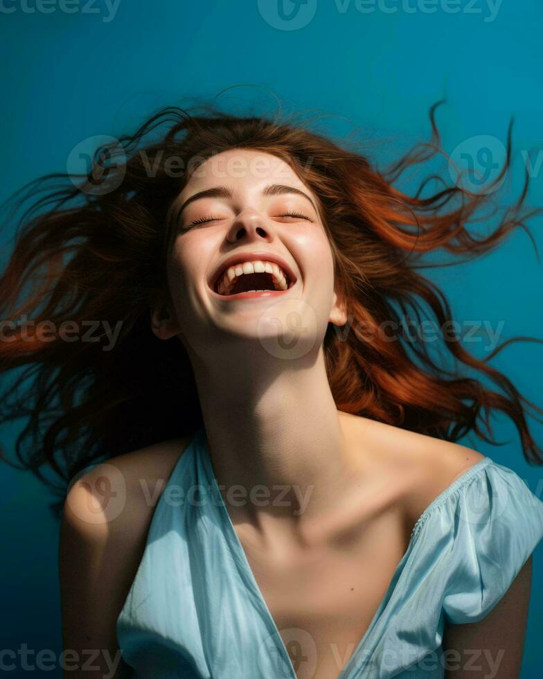 a woman with long red hair laughing and smiling generative ai photo