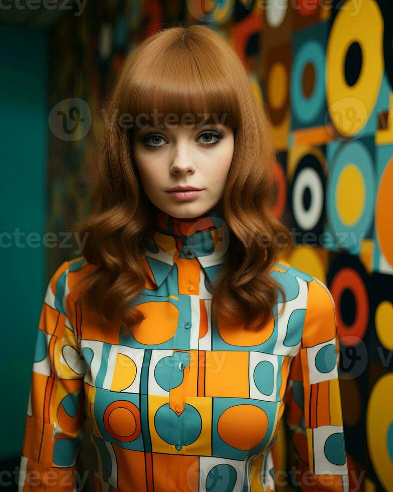 a woman with long red hair wearing an orange and blue patterned shirt generative ai photo