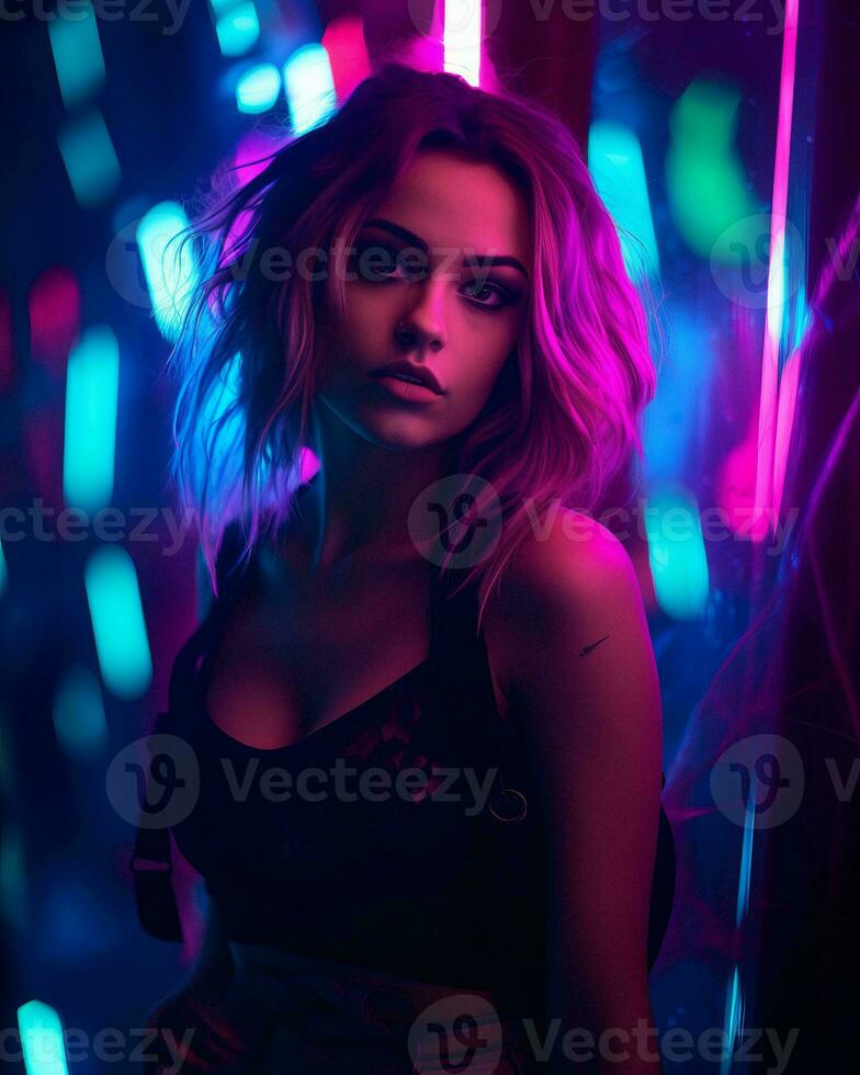 a woman with neon lights in front of her generative ai photo