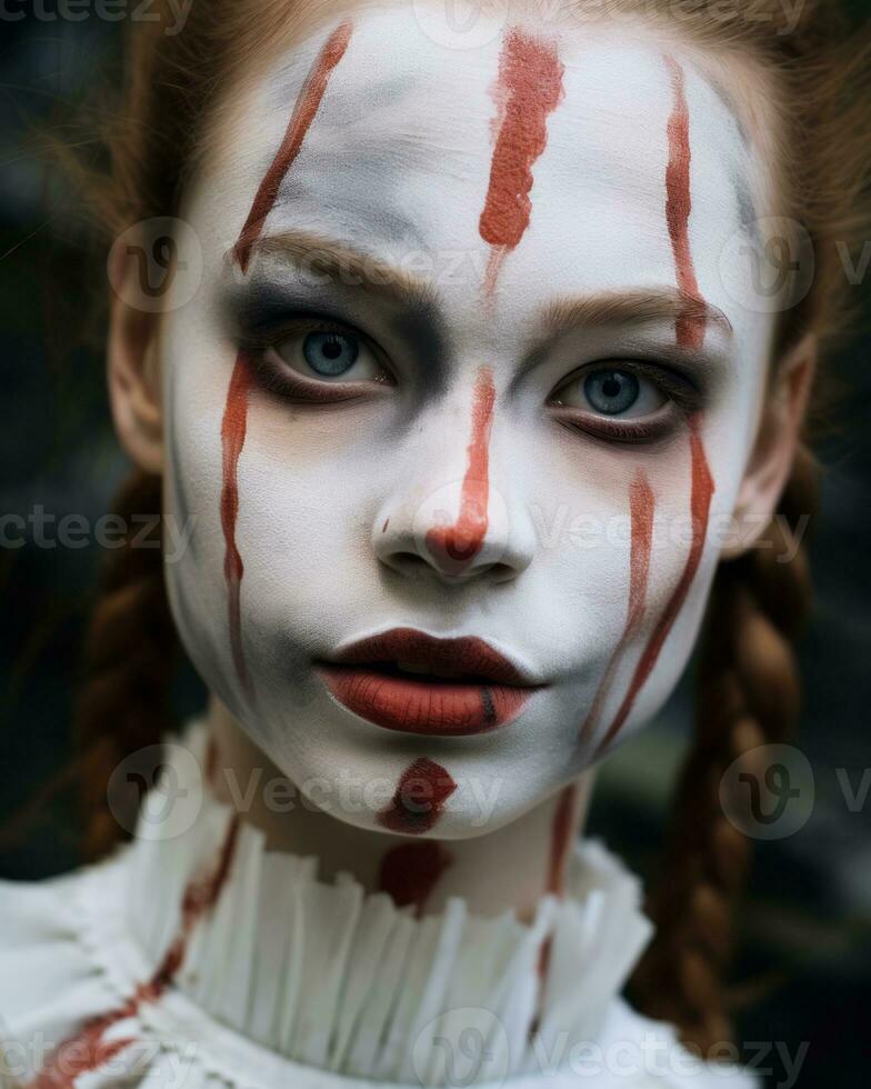 a woman with makeup and red paint on her face generative ai photo