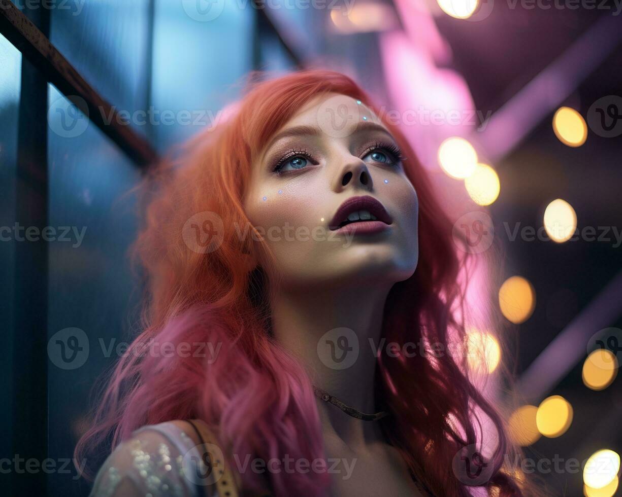 a woman with pink hair and blue eyes looking at the camera generative ai photo