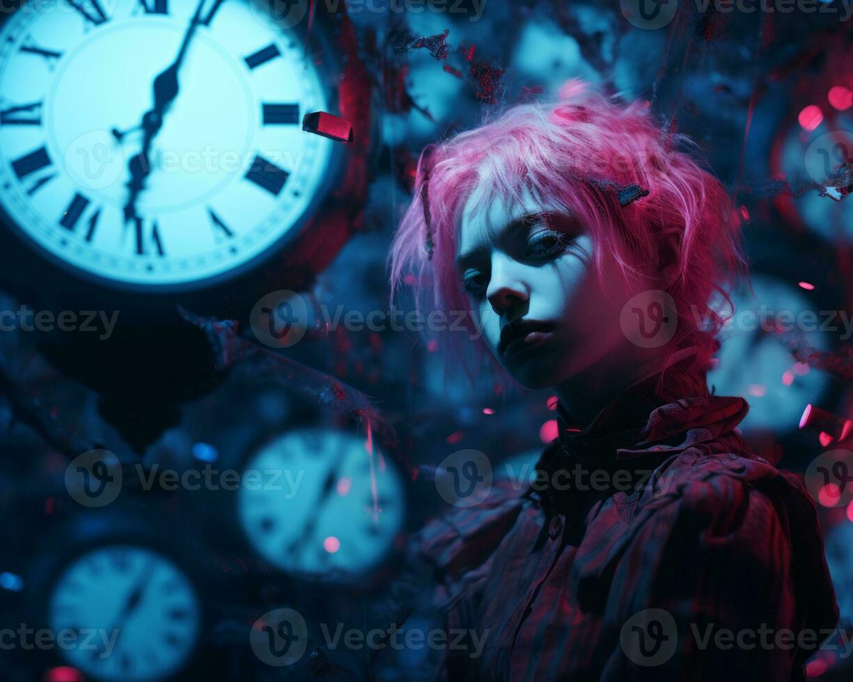 un mujer con rosado pelo en pie en frente de un manojo de relojes generativo ai foto