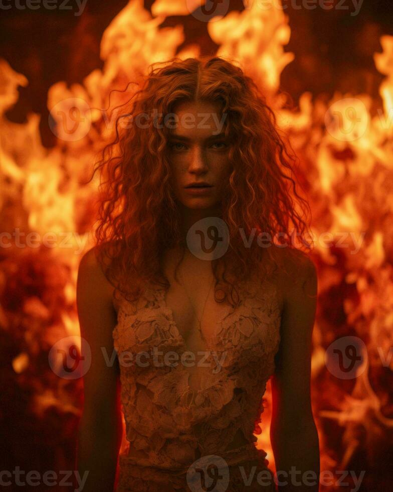 a woman with red curly hair standing in front of flames generative ai photo