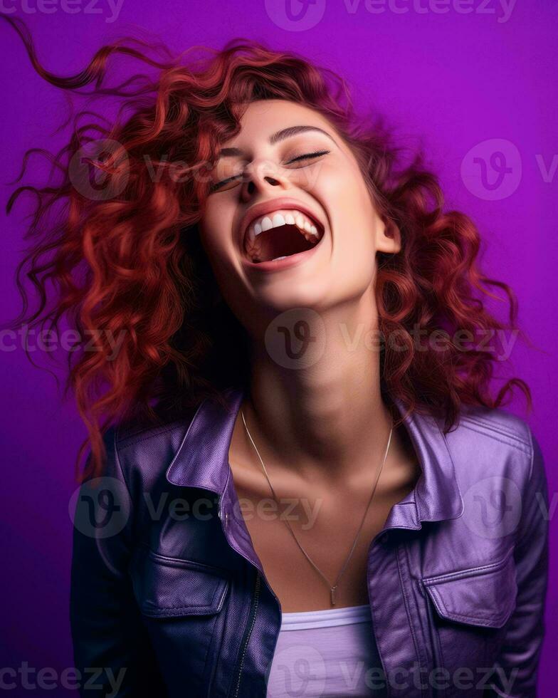 a woman with red curly hair laughing and smiling on a purple background generative ai photo