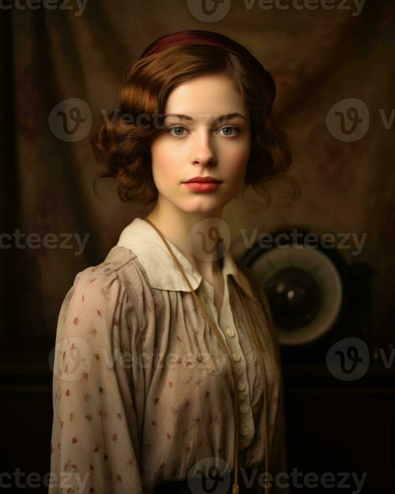 a woman with red hair and a bow tie posing in front of an old radio generative ai photo