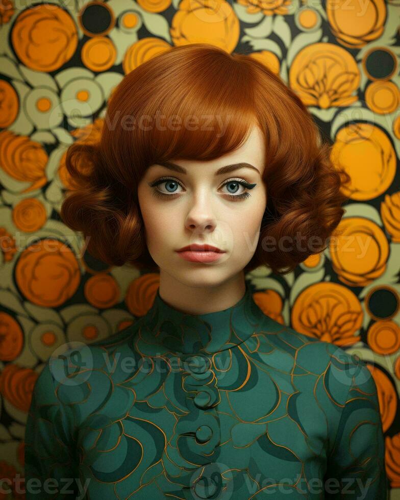 a woman with red hair and an orange background generative ai photo