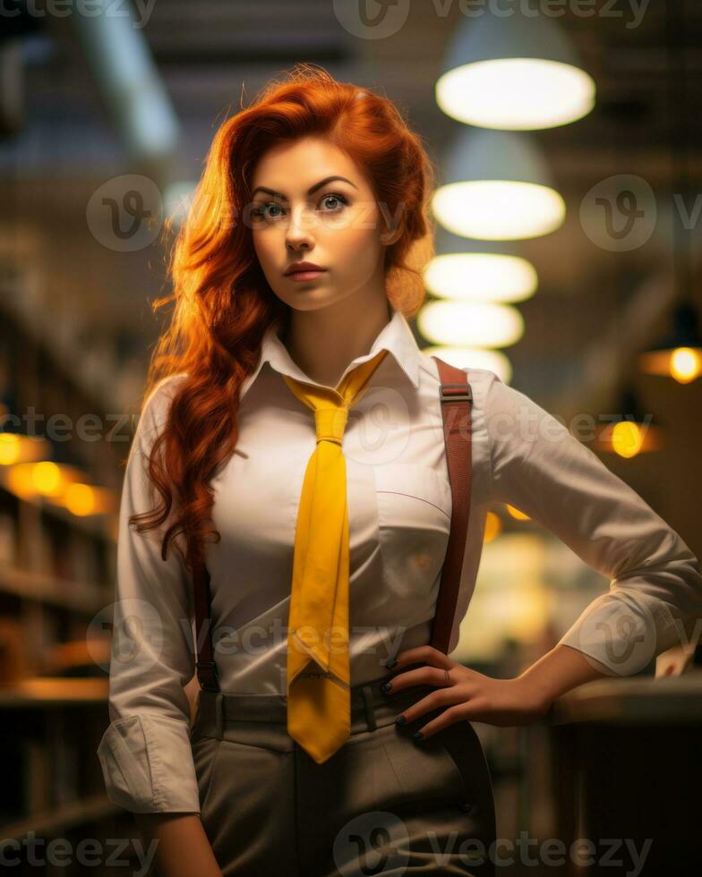 a woman with red hair and a yellow tie standing in a library generative ai photo