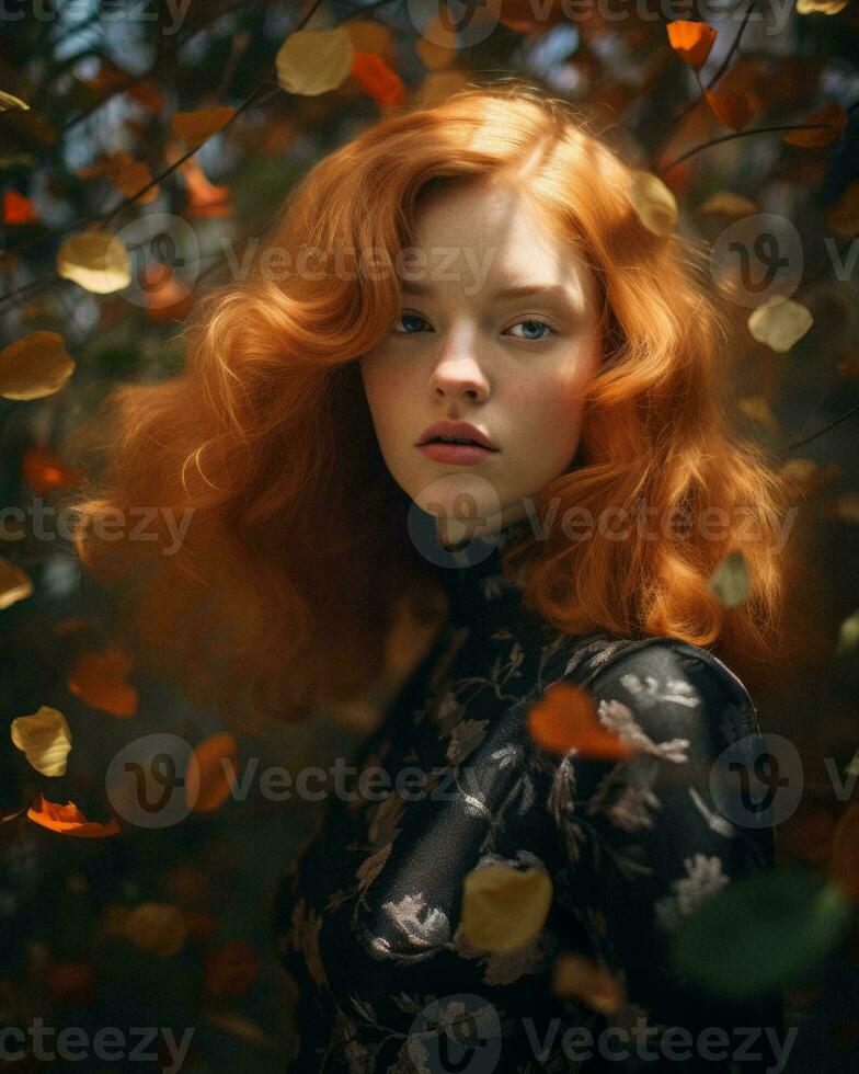 a woman with red hair and leaves in the background generative ai photo