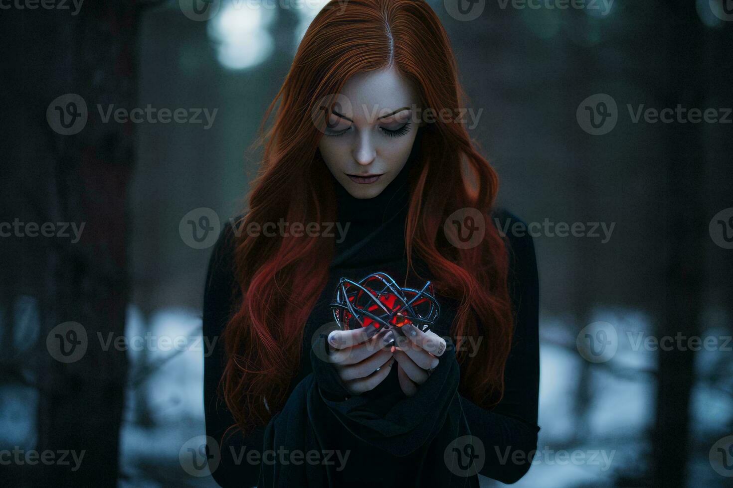 a woman with red hair holding a heart in the woods generative ai photo