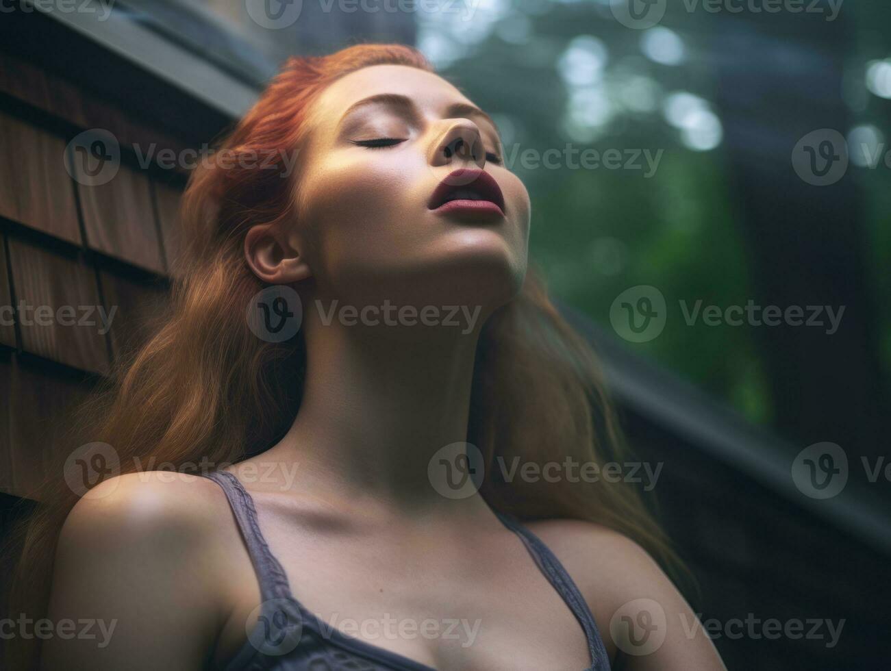 un mujer con rojo pelo es mirando arriba a el cielo generativo ai foto