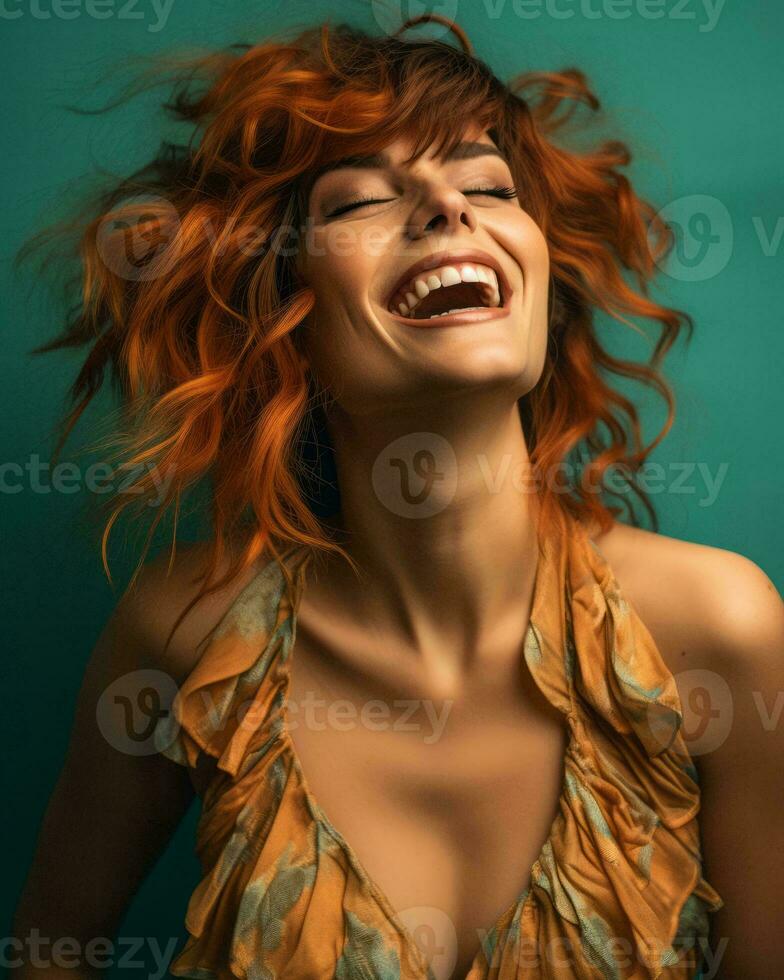 a woman with red hair laughing and smiling generative ai photo