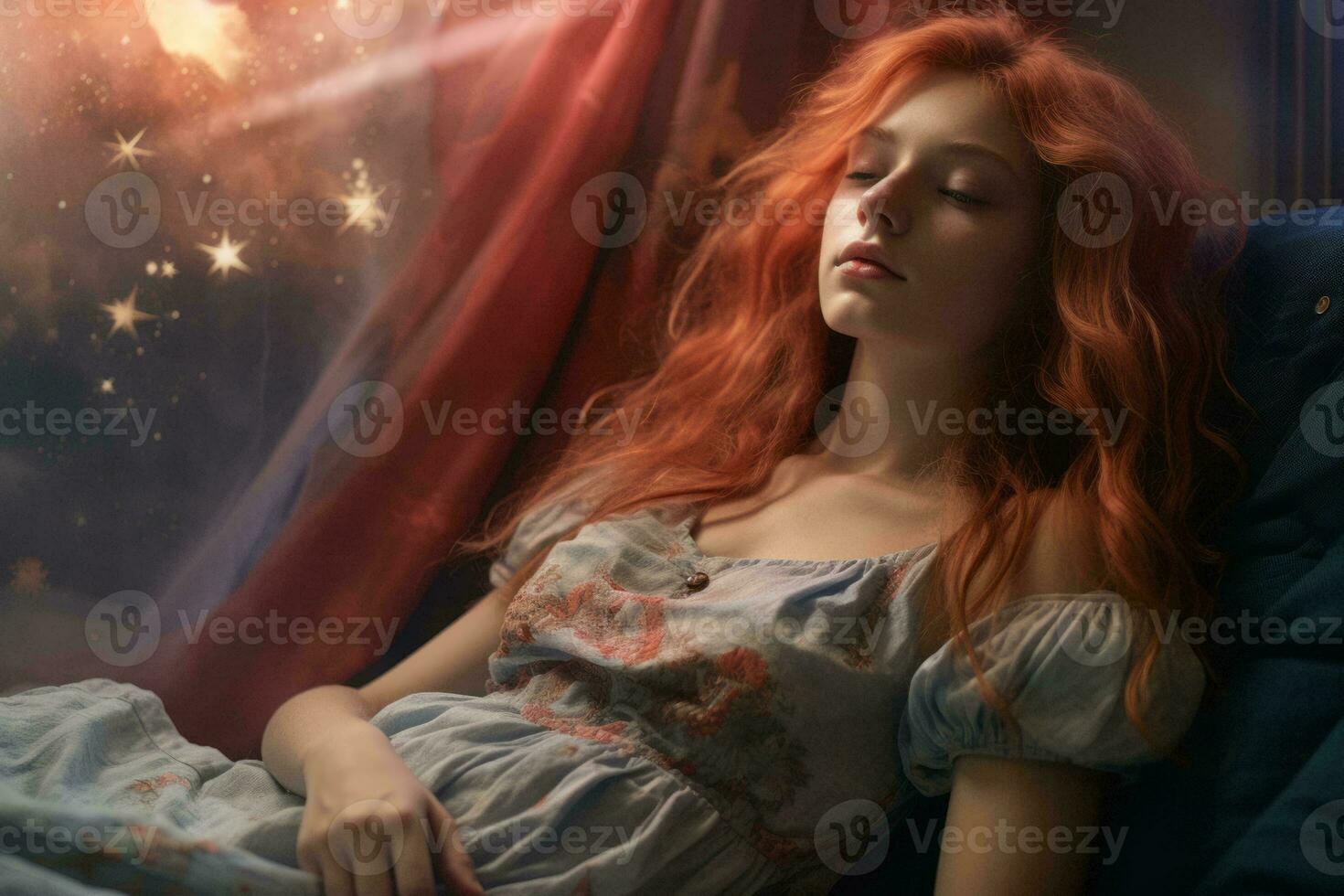 a woman with red hair laying on a couch with stars in the background generative ai photo