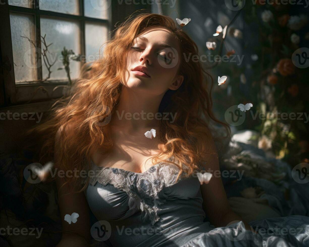 a woman with red hair laying on a bed surrounded by butterflies generative ai photo