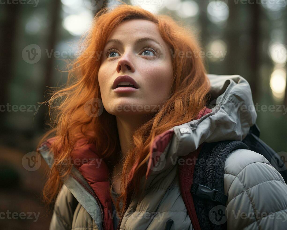 a woman with red hair looking up in the woods generative ai photo