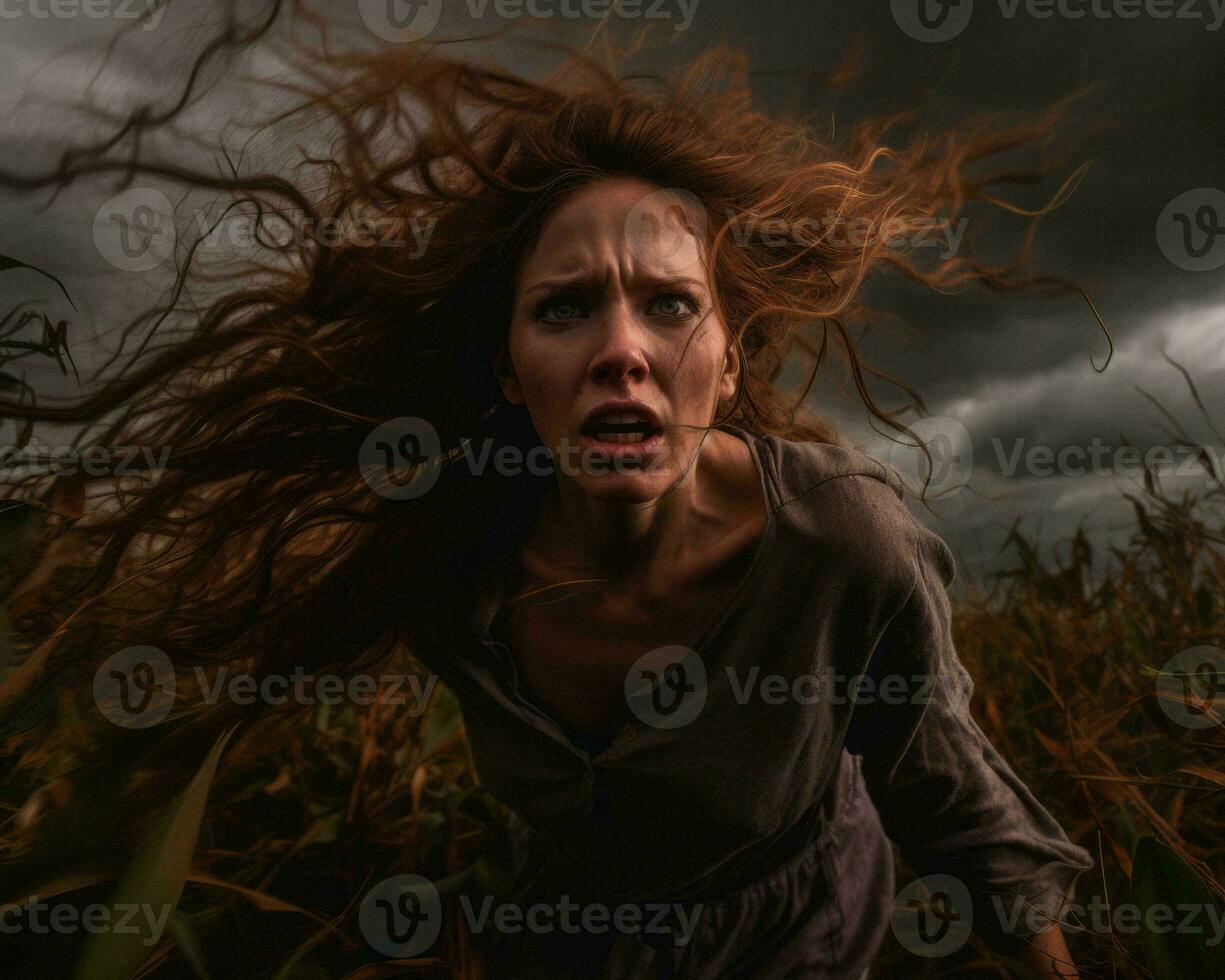 a woman with red hair running through a corn field generative ai photo