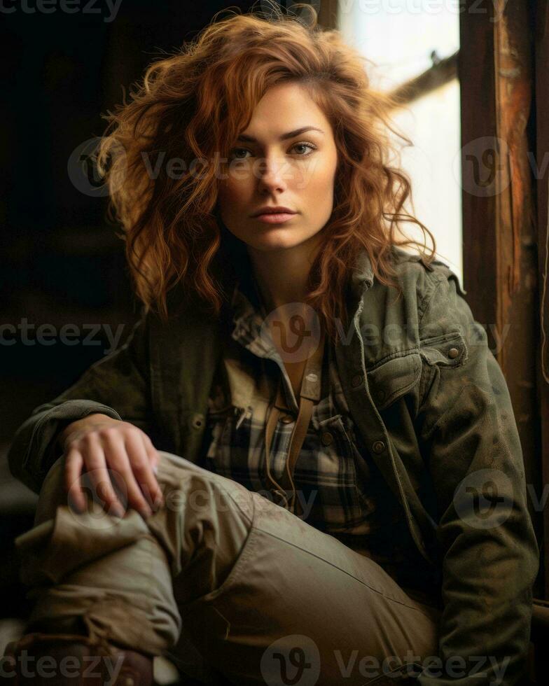 a woman with red hair sitting in an old building generative ai photo