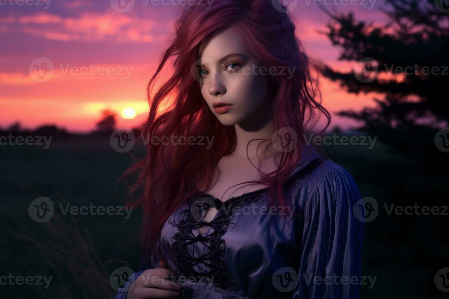 a woman with red hair standing in a field at sunset generative ai photo