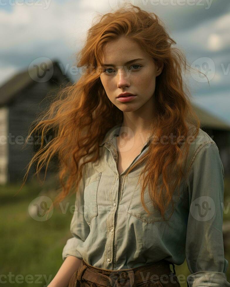 a woman with red hair standing in front of a barn generative ai photo
