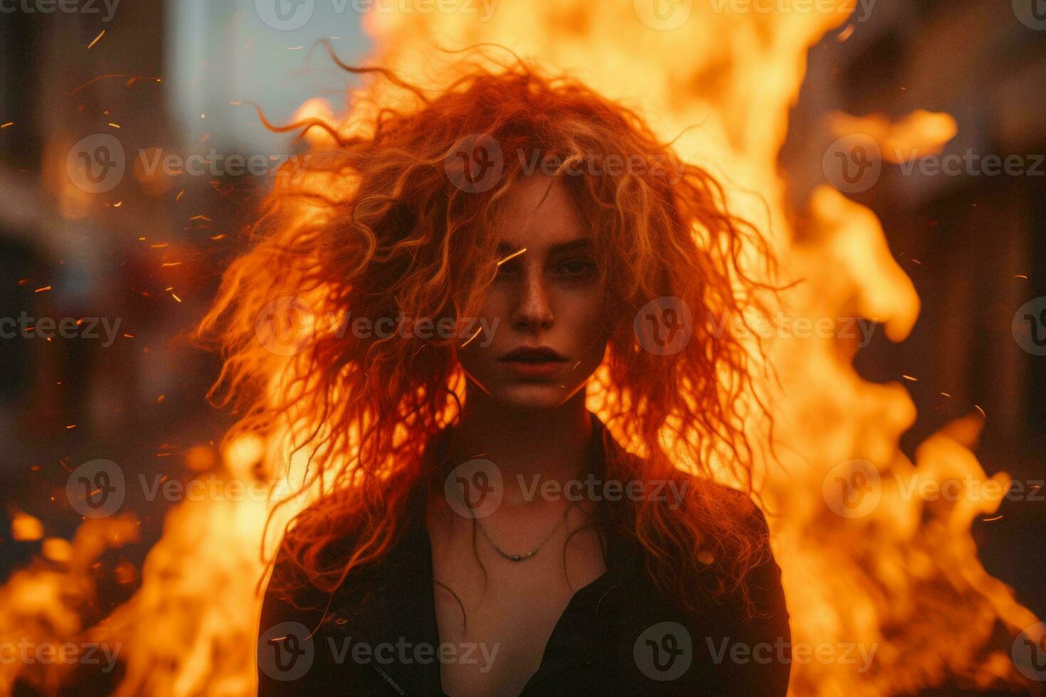 a woman with red hair standing in front of a fire generative ai photo