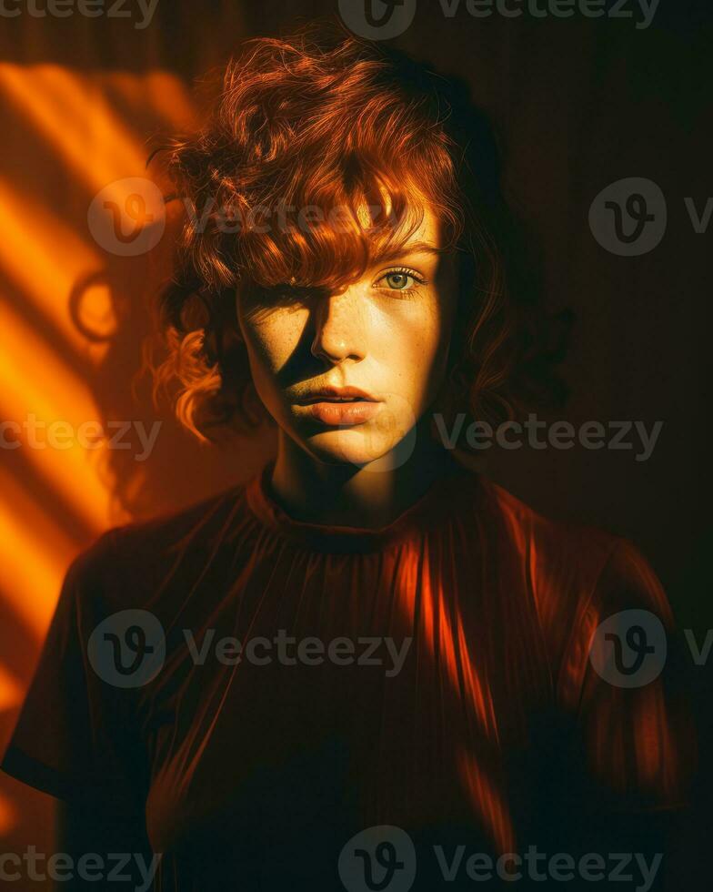 a woman with red hair standing in front of a window generative ai photo