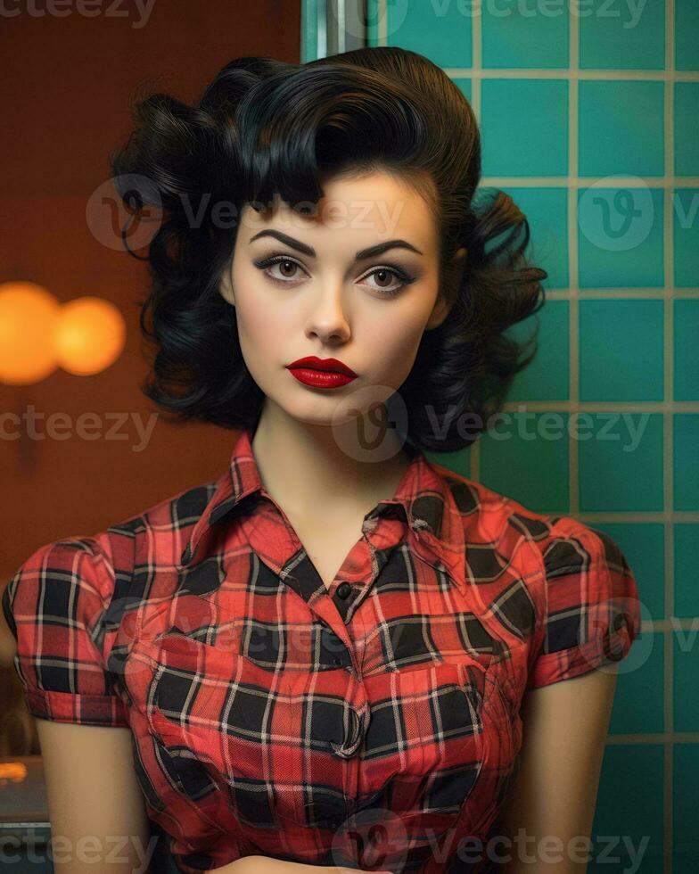 a woman with red lips and a checkered shirt generative ai photo