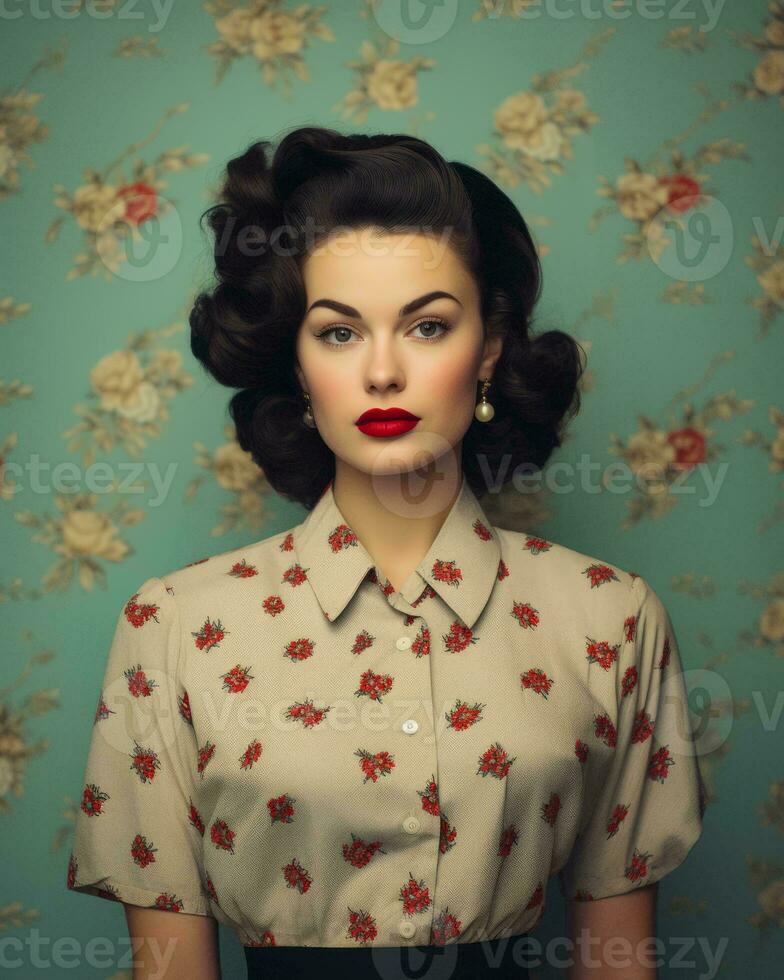 a woman with red lips and a floral shirt generative ai photo