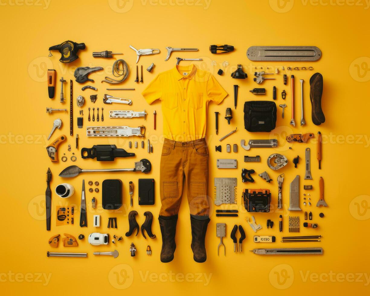 a yellow background with various tools arranged in the shape of a man generative ai photo